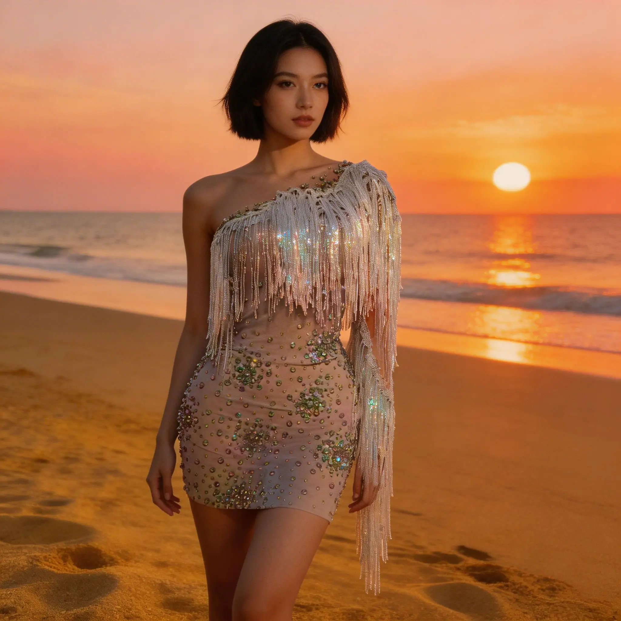 

Transparent gauze, colorful rhinocones, tight mini dress, high-end, shiny and iridescent single-shoulder tassel dress, stage per