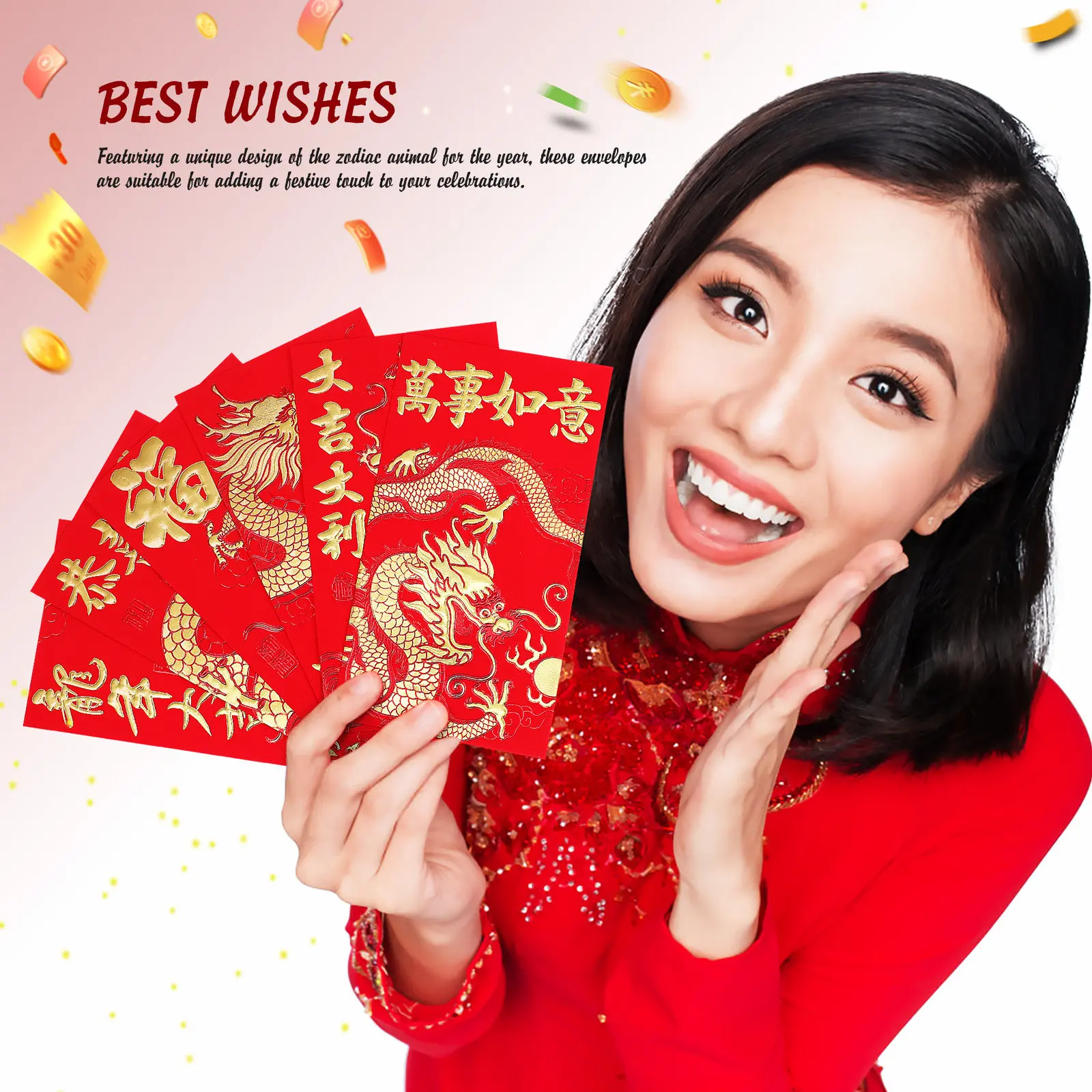 36Pcs Dragon Pattern Red Envelopes 2024 Year of The Dragon Chinese Red Packets Gold Foil Embossing Large Cash Envelopes New Year