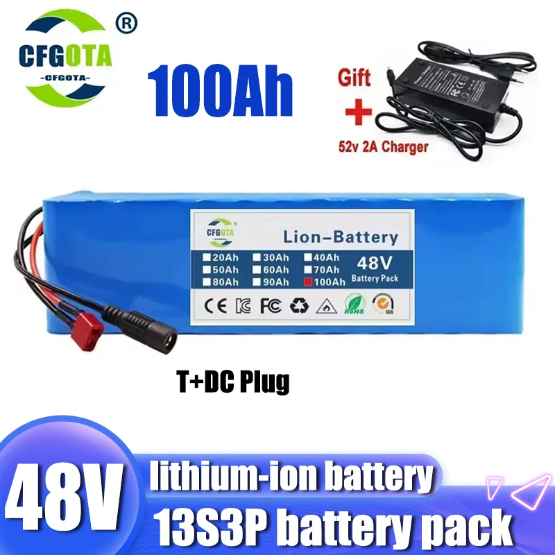 48V 100Ah 500W-2000W 13S3P DC/DC lithium-ion battery pack, suitable for 48V motors with BMS+54.6V chargers