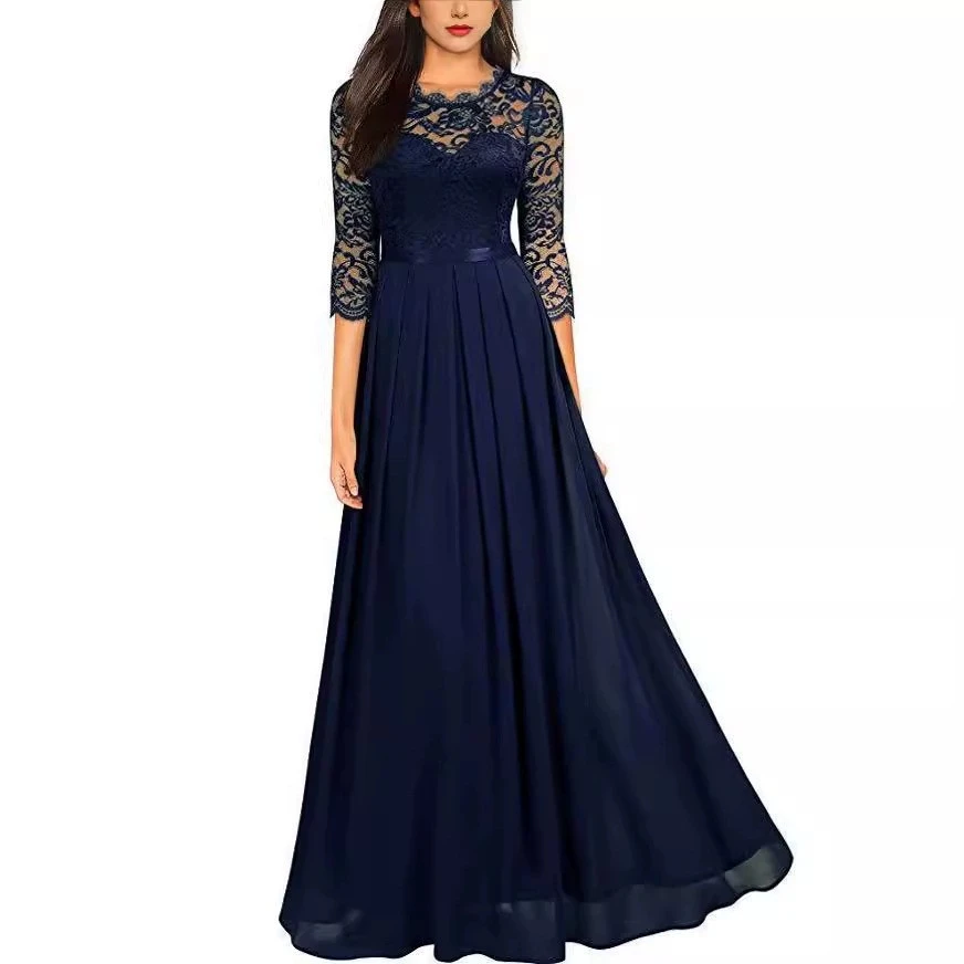 

2026 European Patchwork Evening Dress, Round Neck Lace Long Dress, Fashionable and Elegant Customized Formal Party Dress New