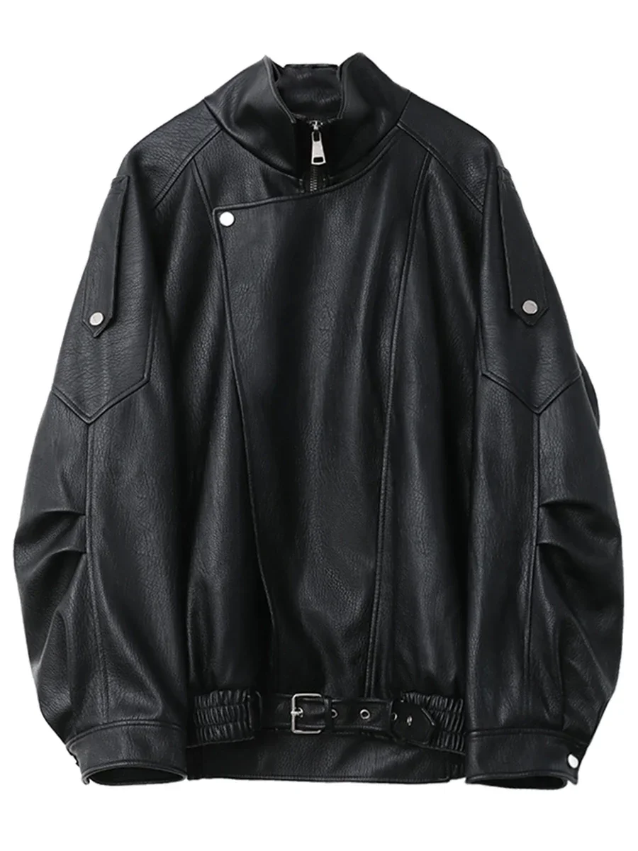 Confortável feminino jaqueta do plutônio sólido solto novo retro gola de pé da motocicleta casaco de couro falso feminino topo primavera outono 2025