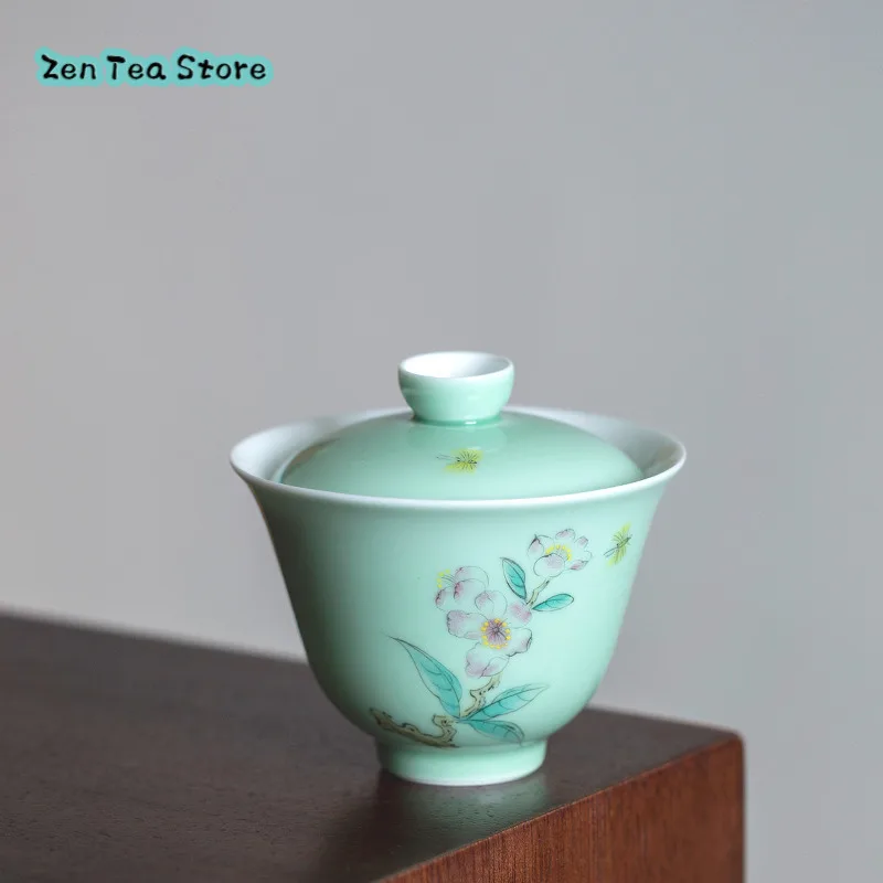 Hand-painted Celadon Peach Blossom Cover Bowl Two Tea Bowl Flowers Small Fresh Home Ceramic Tea Set