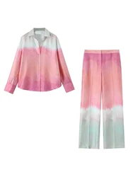 UNIZERA 2024 Autumn New Product Women's Casual Versatile Collar Tie Dyeing Printed Shirt Fashion High Waist Wide Leg Pants Set