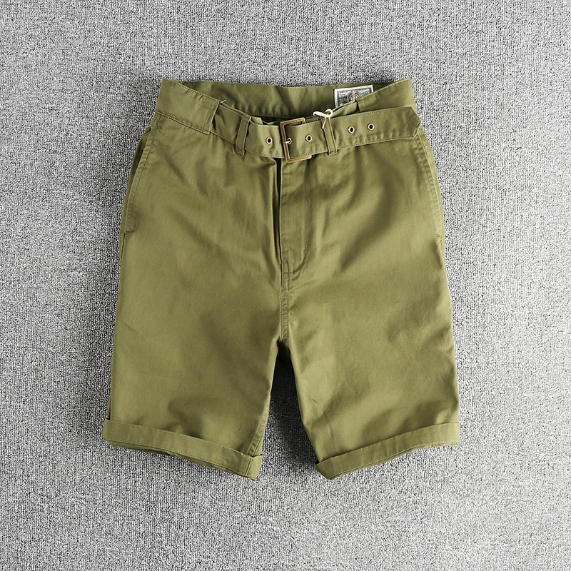 Summer New American Retro Woven Twill Cargo Shorts Men's 100% Cotton Washed Casual Loose Straight Knee Length Pants with Belt