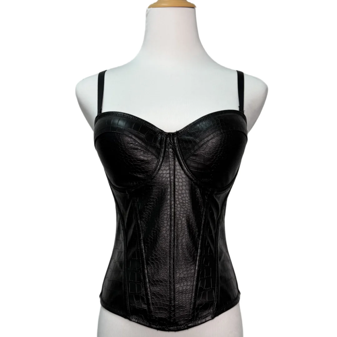 Schwarzes PU-Leder-Overbust-Korsett-Top für Damen, modisches Bustier-Shapewear mit Reißverschluss und Cup-Trägern, Push-up-Korsett