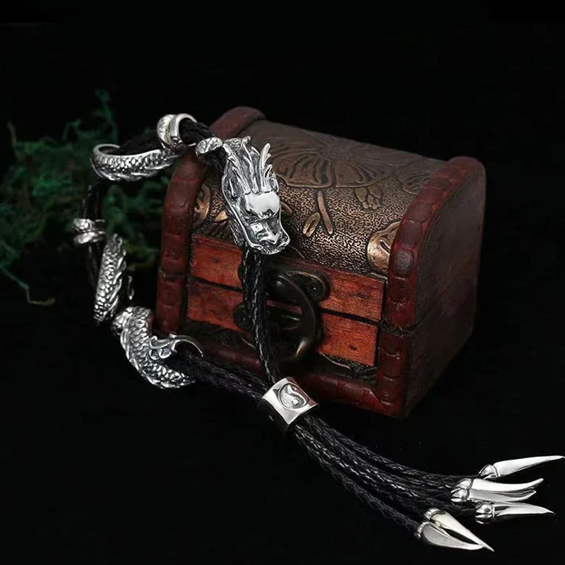 Nova cor prata tamron pulseira artesanal personalidade dominadora jóias masculinas retro dragão zodíaco presente namorado acessórios