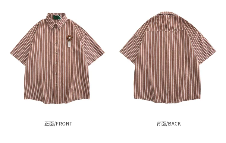 HK Style Vintage Flower Striped Short Sleeve Shirt Men Loose Couple Casual Shirts for Summer