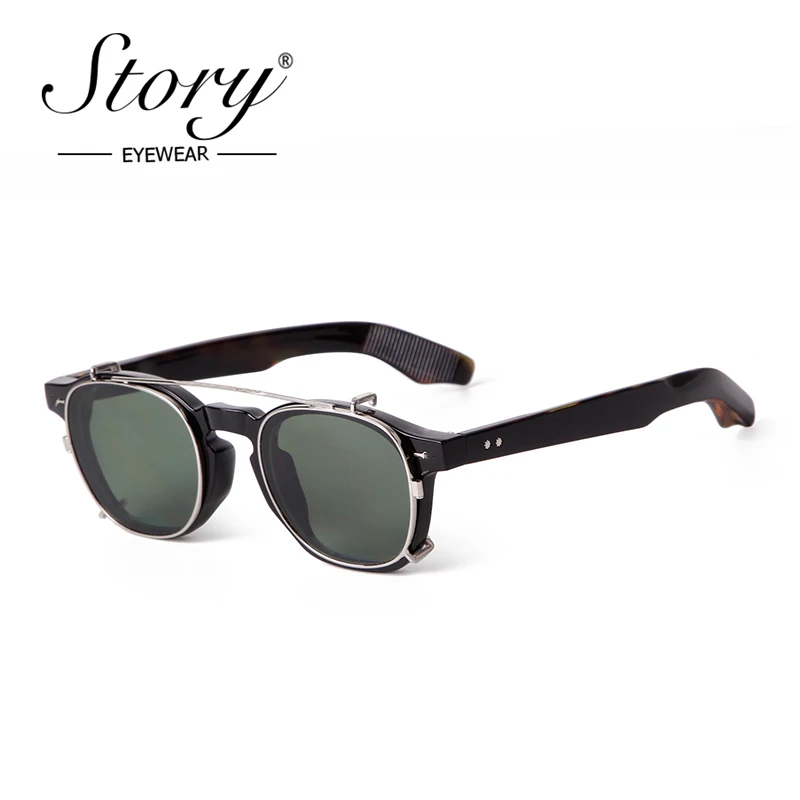 STORY Vintage Rivet Steampunk Clip on Sunglasses Women Men Classic Square Removable Flip Polarized Lens Sun Glasses Gafas De Sol