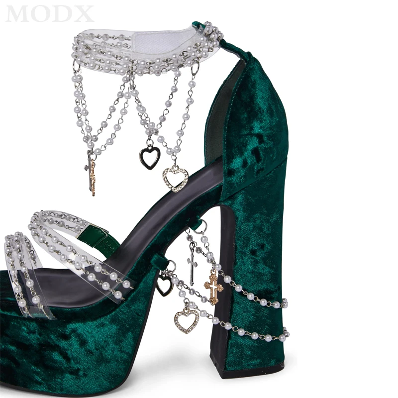 Green Suede Platform Chunky High Heels 2024 Summer Girls Pearl Chain Decor All-match Sandals Fashion Sexy Runway Nightclub Shoes