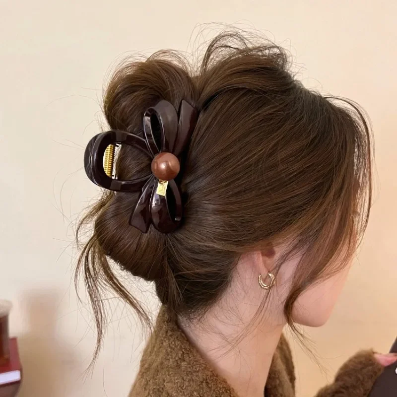 Chocolate Brown Acrylic Bow Hairclaw Clip Headwear for Women Girl Korea Bow Ribbon Large Shark Ponytail Clip Hairpin Accessories