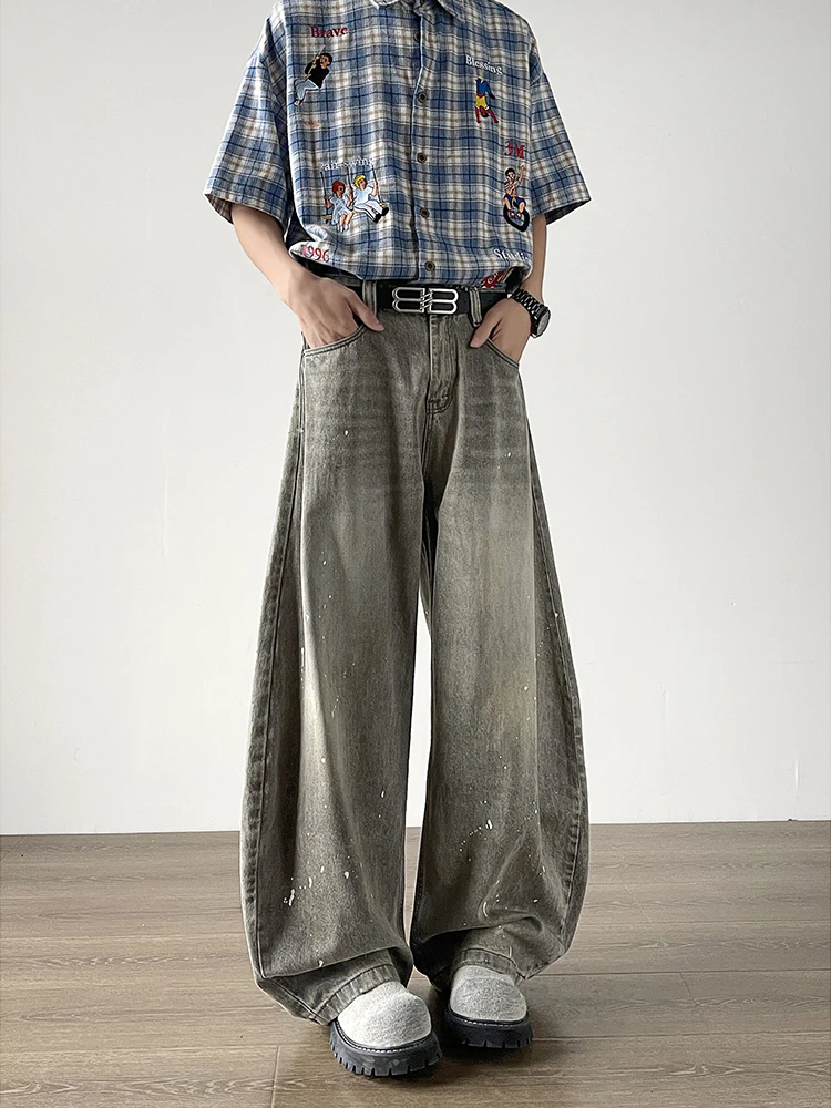 

Retro American Washed Grey Splatter Knife Jeans Men Trendy High Street Baggy Wide Leg Floor-Length Pants Youth Popular