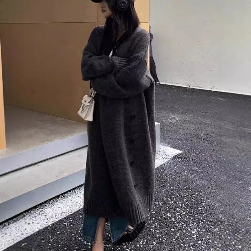 Długi Płaszcz Dzianinowy, Dekolt V, Ukośne Guziki, Temperament, Kardigan Pod Sweter, Damski Luźny Zimowy 2025