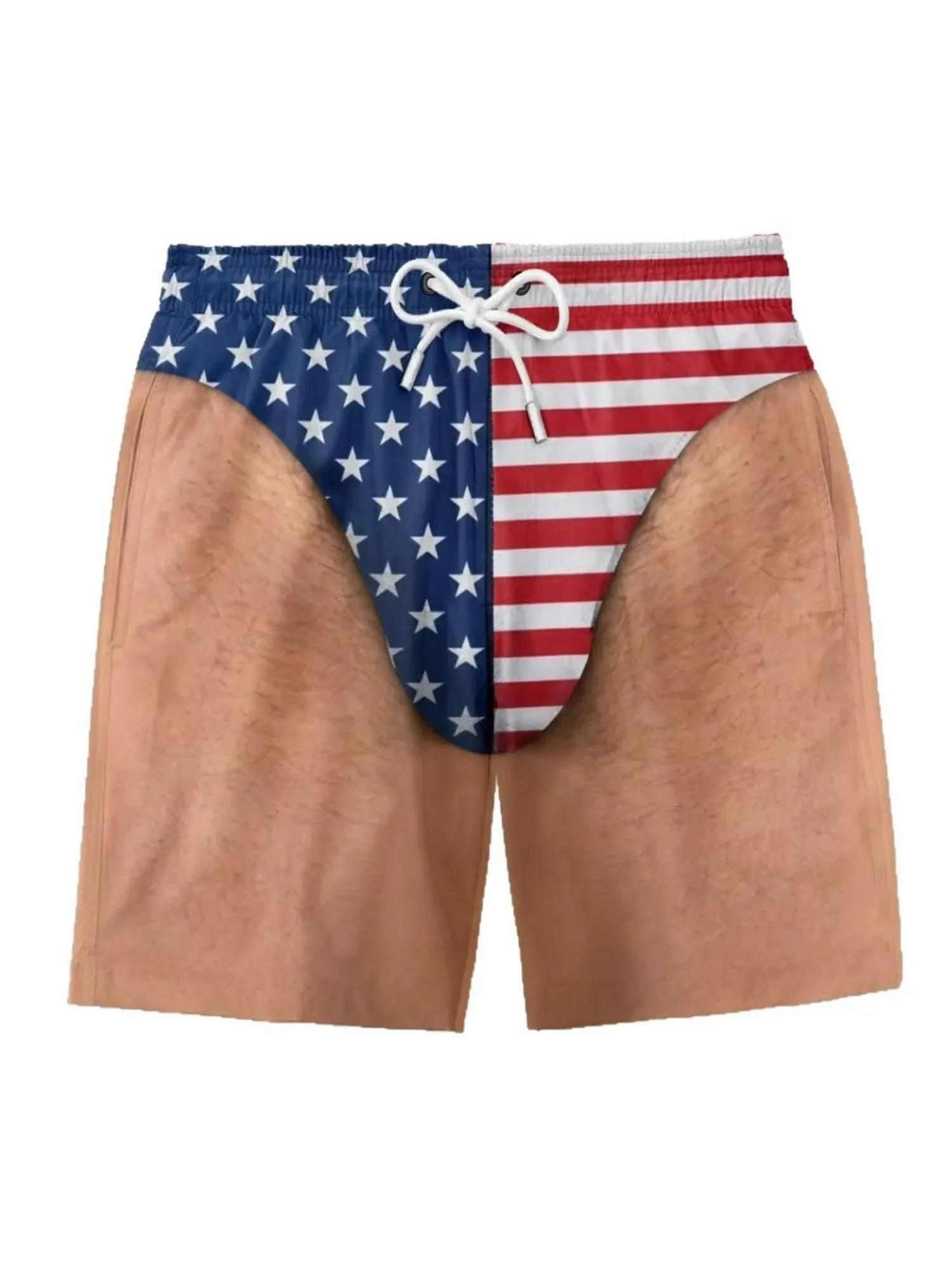 Funny simulation human leg print beach pants for men, American flag creative parody, quick drying swim pants, fun shorts