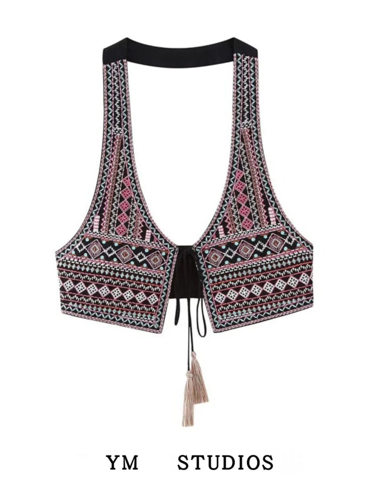Sexy Neckline Sleeveless Embroidered Vest Ultra-Short Backless Top Trendy Street Style Summer 2023 Hanging Neck Design Base C...