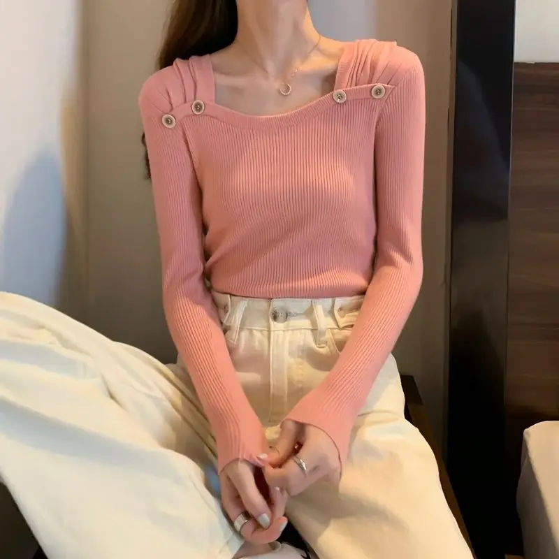 Jersey nuevo con cuello cuadrado francés de diseño a la moda para mujer, Top básico de punto para otoño e invierno 2025