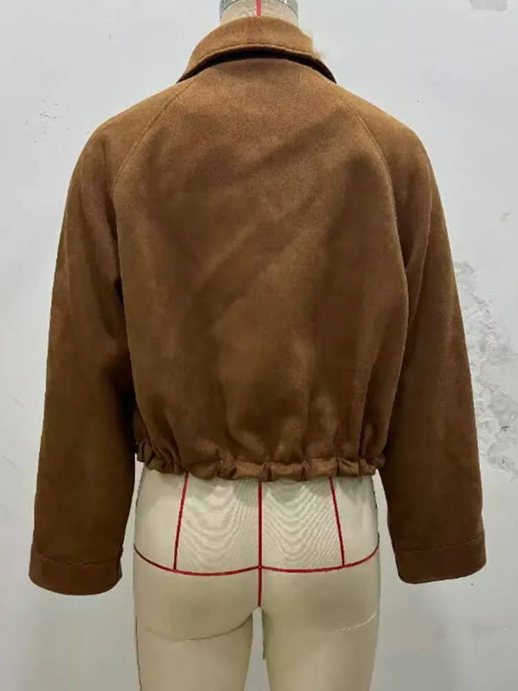 HH Women 2025 Fashion Vintage Lapel Suede Cloth Long Sleeve Coat Female Autumn Casual Hem Drawstring Waist Slimming Jacket