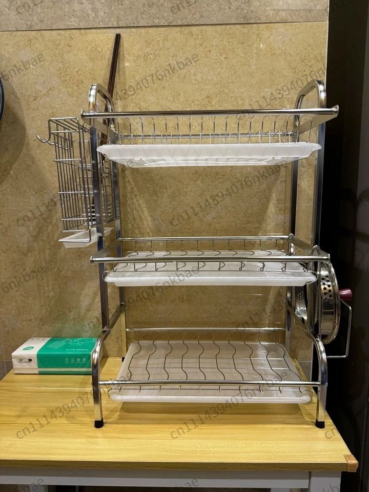 3-Tier 304 Stainless Steel Dish Rack With Drain Filter Kitchen Tableware Storage Drying Organizer