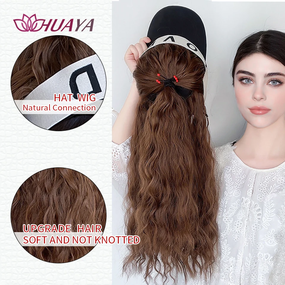 HUAYA Synthetic Wig for Women With Empty Top Baseball Long Wavy Cap Baseball Cap With Half Ponytail Wig Hair Extensions