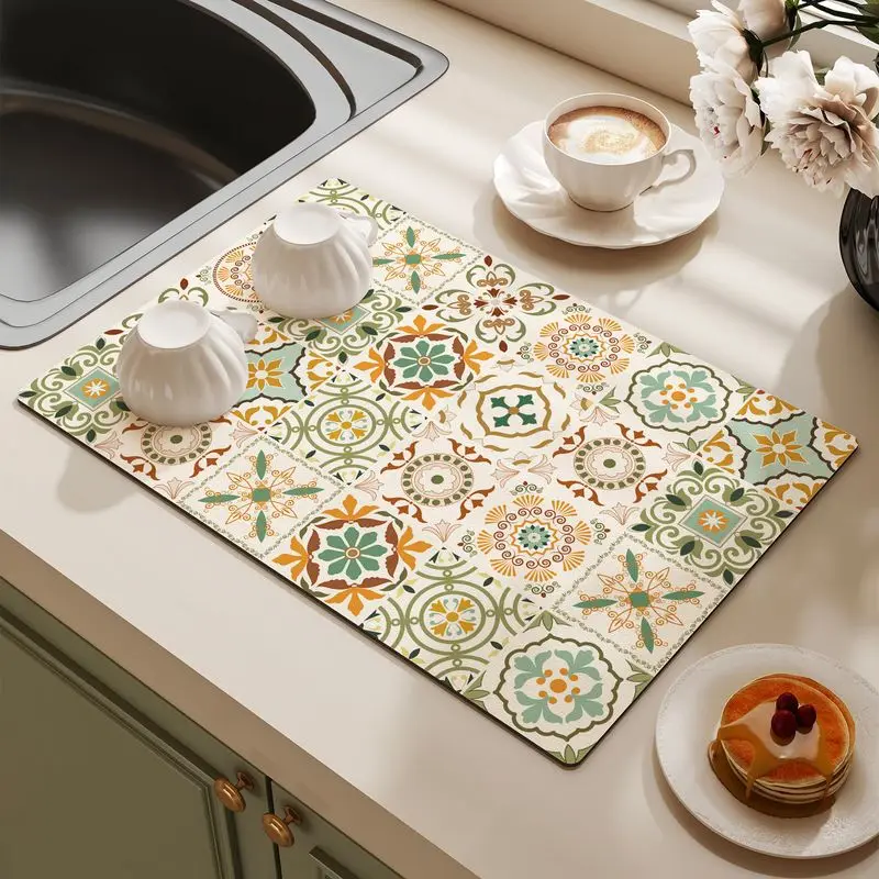 VIKAMA Warm Yellow Checkered Wavy Edge Kitchen Drain Mat, Anti-Slip Coffee Machine Tableware, Countertop Protection Mat