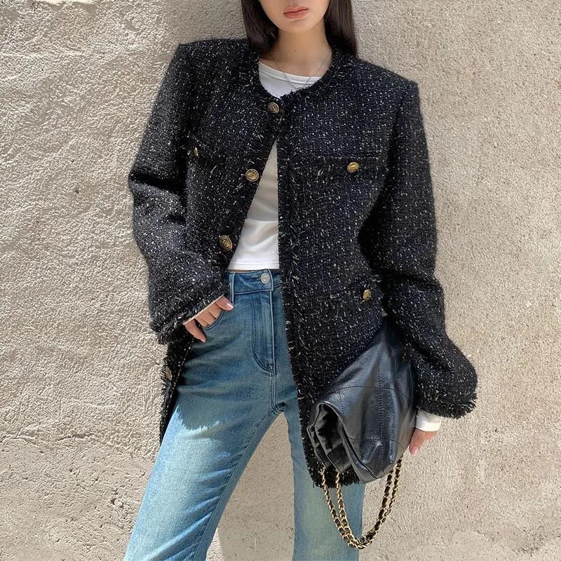 Small Fragrance French Fashion Loose Tweed Coat Female Vintage Button Casual Korea Chic Women Long Coat Autumn Winter 2023 New