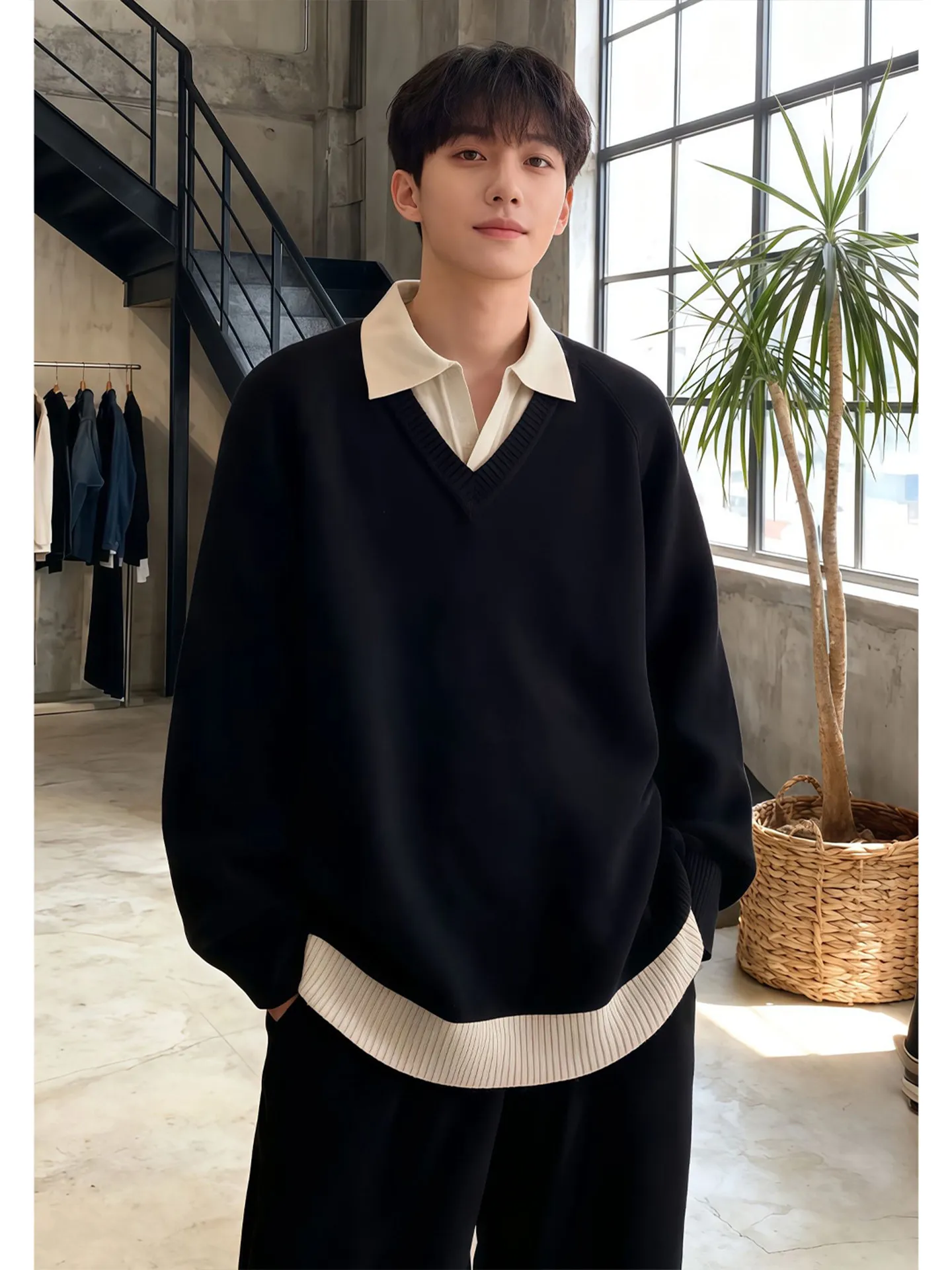 

Американский ретро-свитер цвета хаки с пэчворком, повседневный универсальный базовый слой, вязаная кофта для пар, мужская свободная удобная зимняя модель