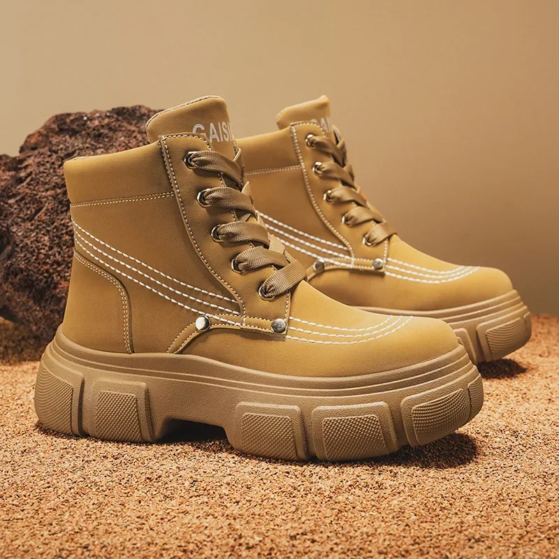 

Осенне-зимние мужские ботильоны на платформе с круглым носком, повседневная обувь, популярные уличные кожаные ботинки челси, походные рабочие кроссовки