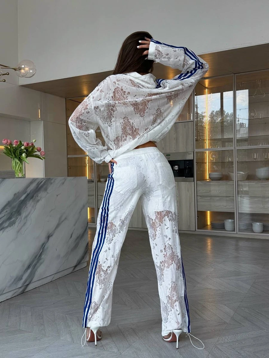 LIMO Sheer Lace Two Piece Suit Traditional Knot Buttons Side Stripe Long Sleeve Pant Set
