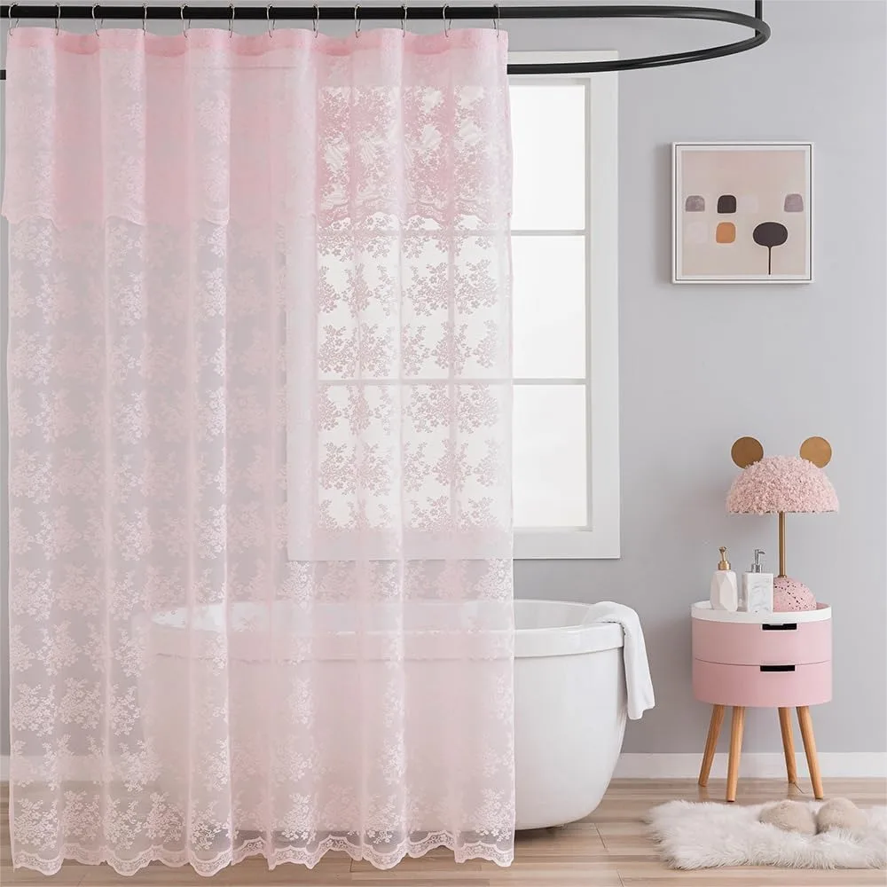 

Pink Shower Curtain with Attach Valance, Shabby Chic Lace Floral Aesthetic Decor, Scalloped Edge, 72x72 Inch, Light Pink