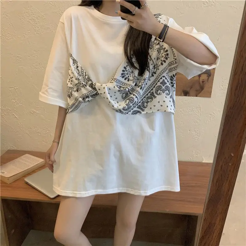 Summer New Patchwork Contrast T Shirts Short Sleeve Loose Solid Fake Two Pieces Casual Tops Tees Korean Fashion Women Clothing