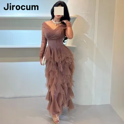 Jirocum Women's V Neck Prom Gown Long Sleeve Tulle Party Evening Gowns Fashionable Backless customized Special Occasion Dress