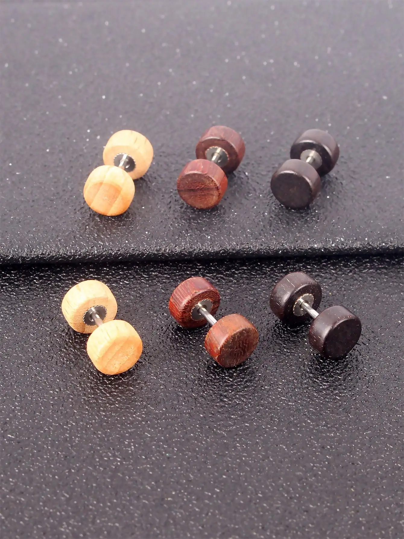 3pairs/set Fashionable Wooden Dumbbell Design Earring Jackets For Men For Daily Decoration