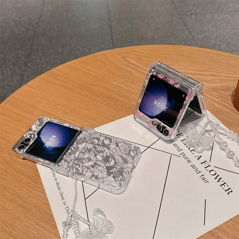 Untuk Samsung Galaxy Z Flip 6 3 4 5 casing Ins gelang kartu bunga casing penutup belakang PC keras untuk Samsung Z Flip5 ZFlip5