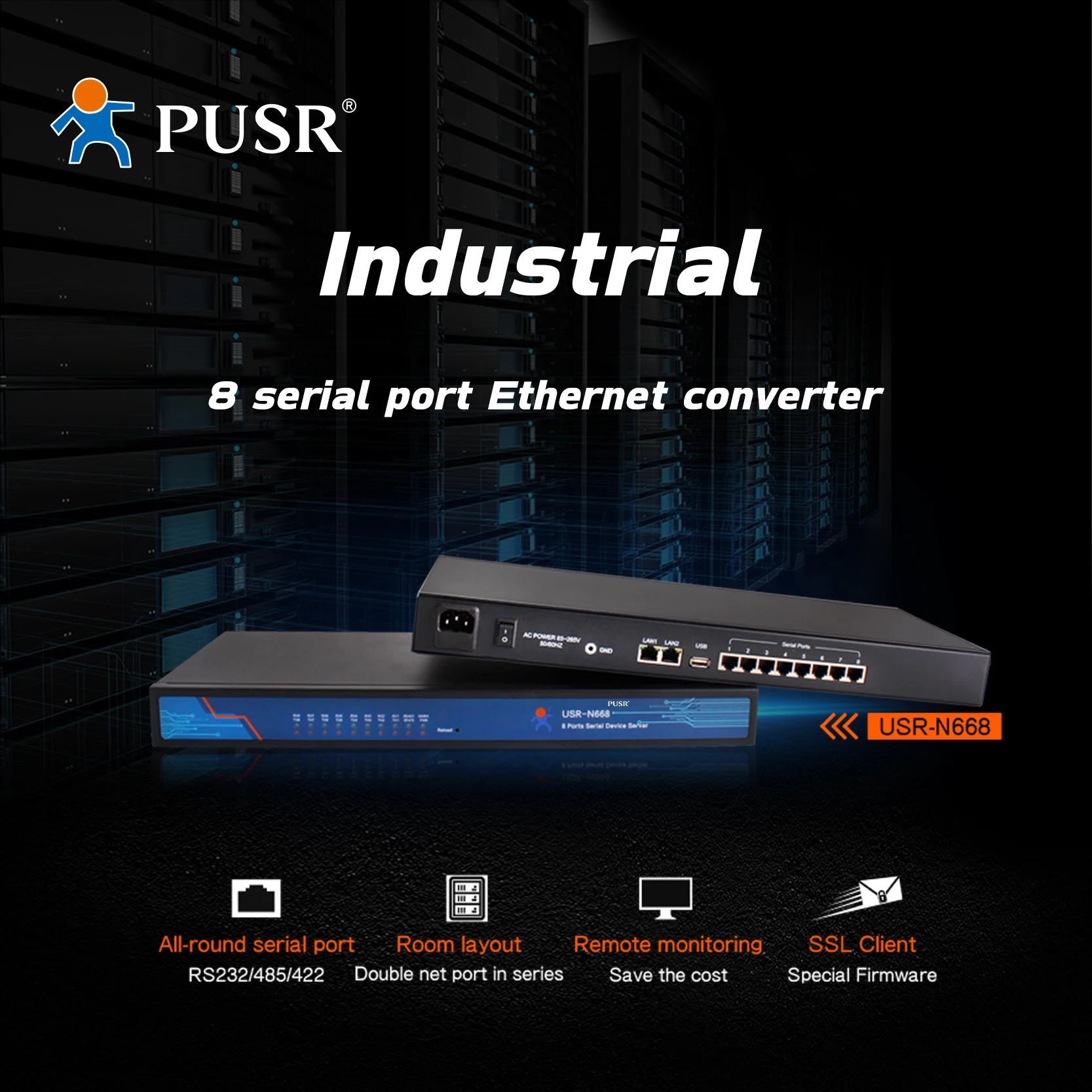 PUSR RS232 RS485 RS422 serial to Ethernet converter industrial 8 port serial Service Device to ethernet USR-N668