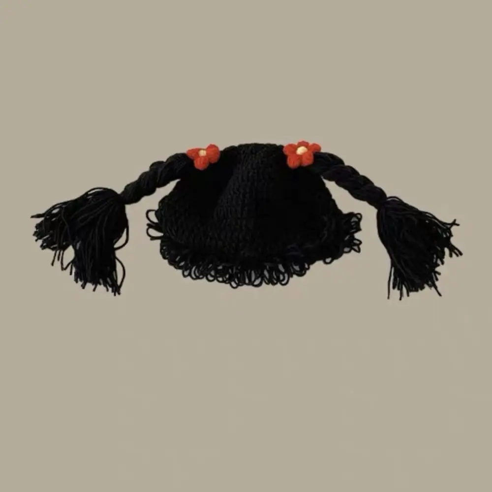 All-match Breathable Baby Braid Wig Hat Elastic Flower Baby Woolen Cap Bow Brimless Newborn Headgear Winter