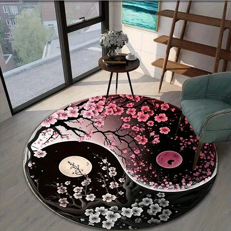 Round Yin Yang Rug Cherry Blossom Moon Area Carpet Japanese Zen Floor Mat Non-Slip Home Decor 2026