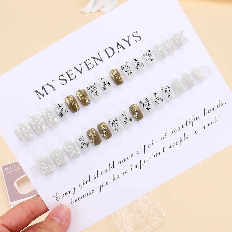 24pcs/set New Chinese Style Bamboo Press on Nails Fake Acrylic Medium Nails Press on Short Nails Black Nail Tips  Squared Oval