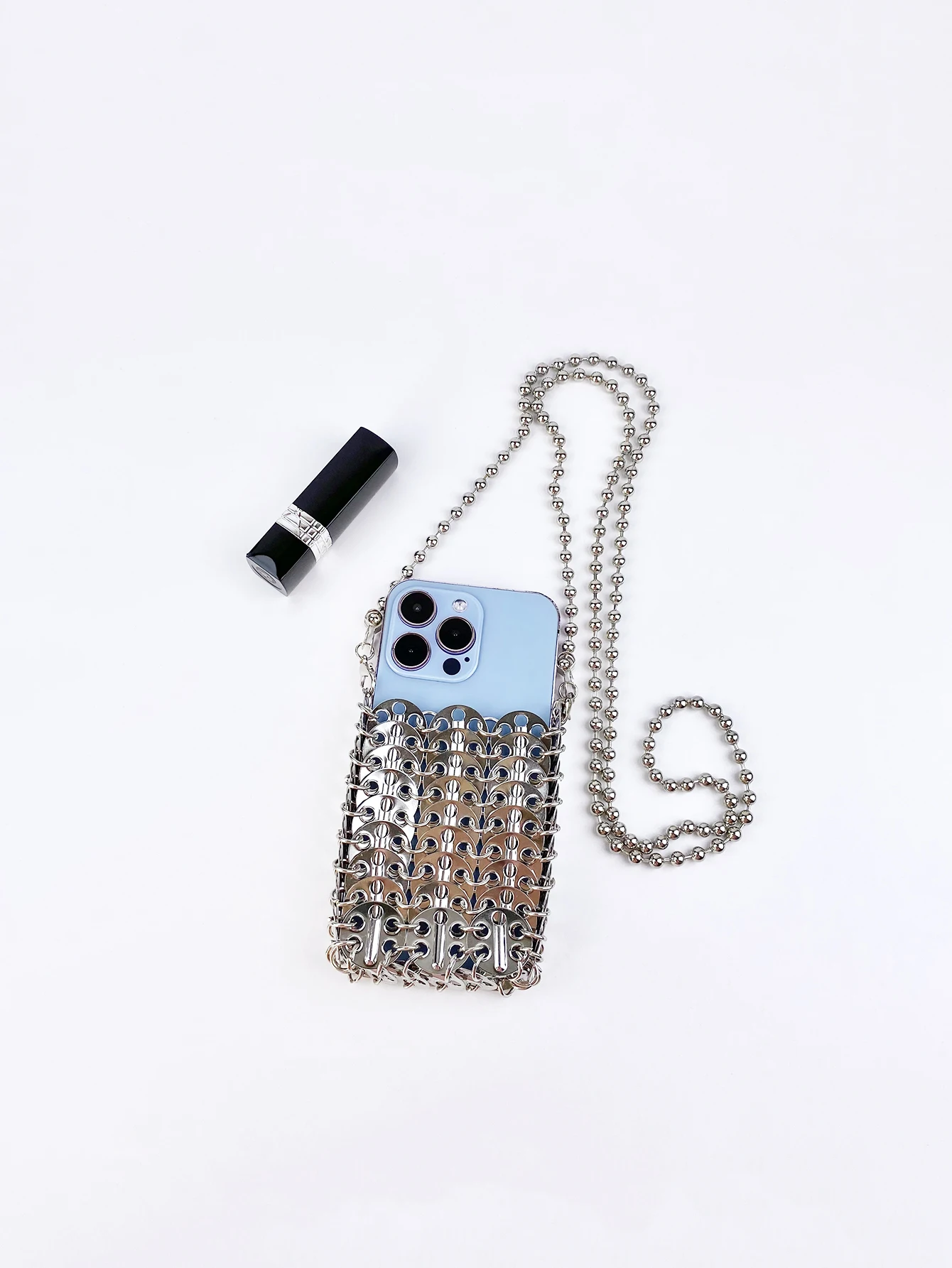 New Metal Silver Shining Trendy Phone Lipstick Bag Chain Strap Single Shoulder Crossbody Small Bag for Women