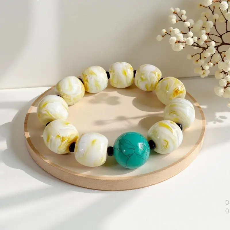 Optimized bone china amber jujube bead bracelet with golden swirl and white dragon pattern texture, turquoise accessories,