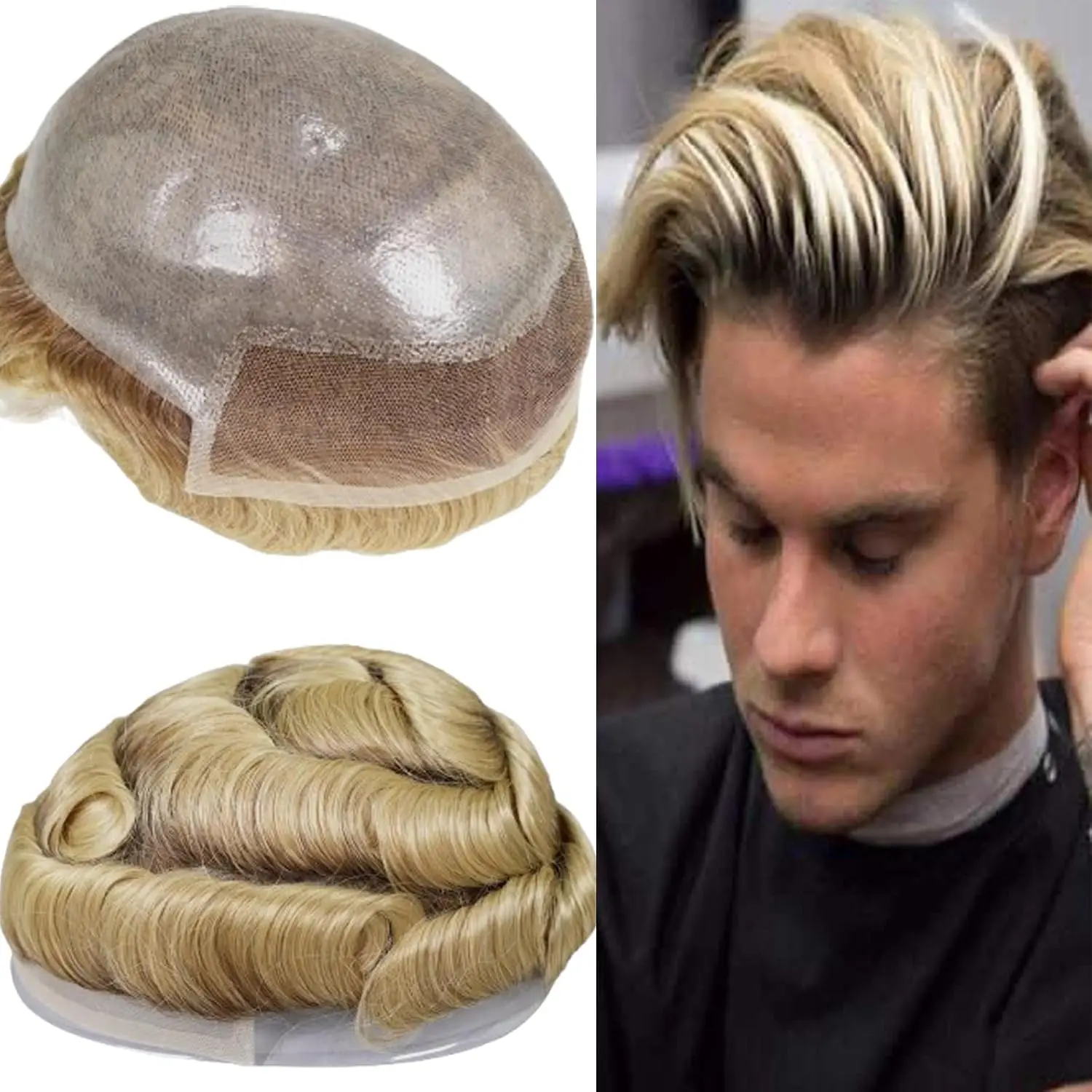 شعر مستعار بشري للرجال 10 × 8 بوصة، شعر بشري أوروبي دانتيل أمامي خصلات شعر طبيعية 0.06 مم جلد رقيق PU على شكل حرف V #1