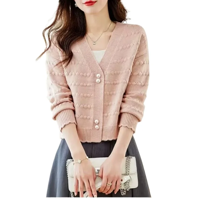 

V-neck pink gentle wind niche knitted cardigan new foreign style versatile long-sleeved top