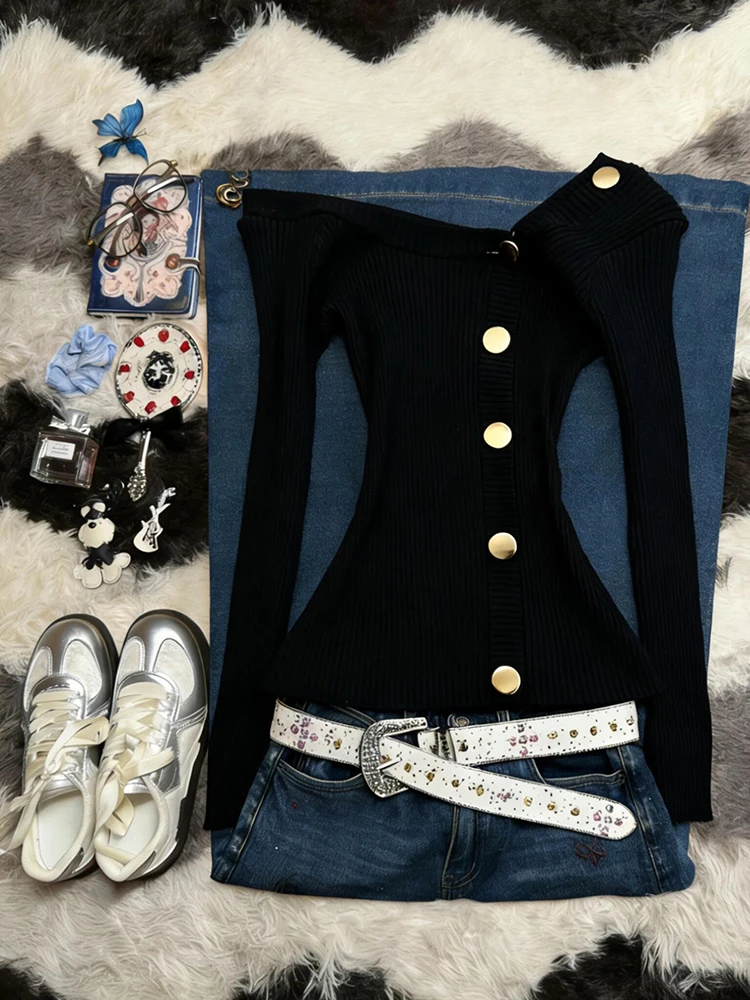 

Gothic Rose Original Retro Bla-oulder Slimming Knitted Sweater Women's Autumn Faionable Sweater Gothic Sle Long S...