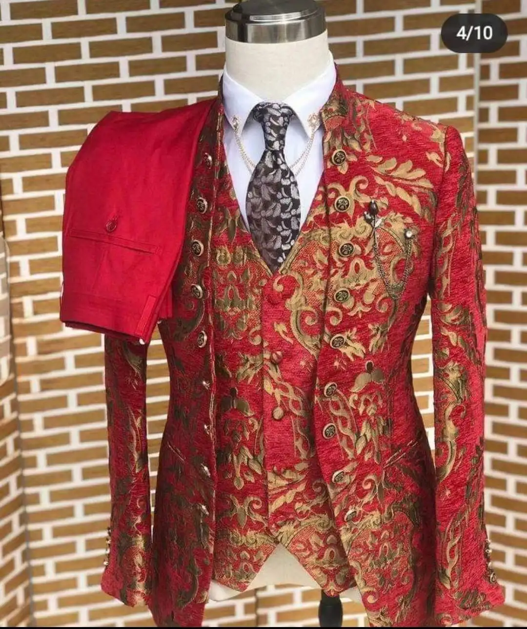 Custom Fashion Red Jacquard Wedding Suits For Men Formal Groom Slim Fit Prom Tailcoat Classic Male 3-piece Casual Blazer Tuxedos