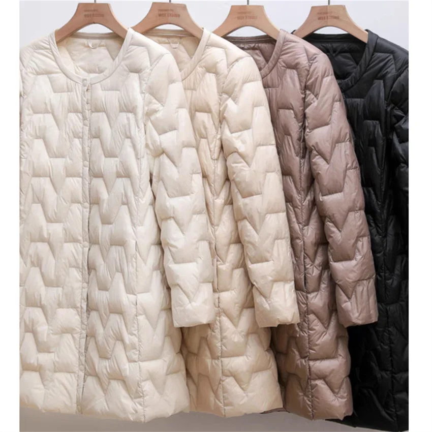 

2025 Новая мода, осень-зима, тонкое женское пуховое пальто, большой размер M-3XL, женская легкая тонкая белая куртка на утином пуху с круглым вырезом, нижняя часть 2479