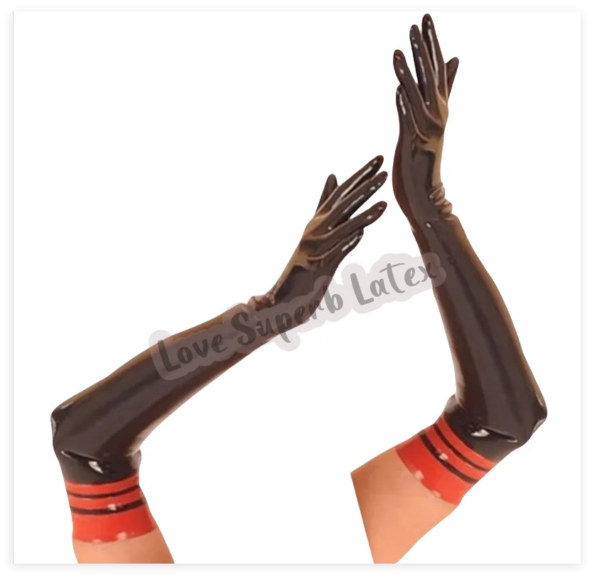 

Sexy Black Long 3d Latex Gloves Slim Arm Length Skin Tight with Red Trim Long Latex Gloves Bows Ruffles Rubber Mittens