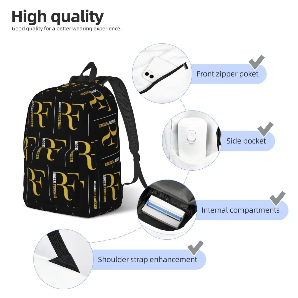 Roger Federer Student Backpack School Bag Hiking Travel Daypack for Boys Girls Bookbag Shoulder Bags