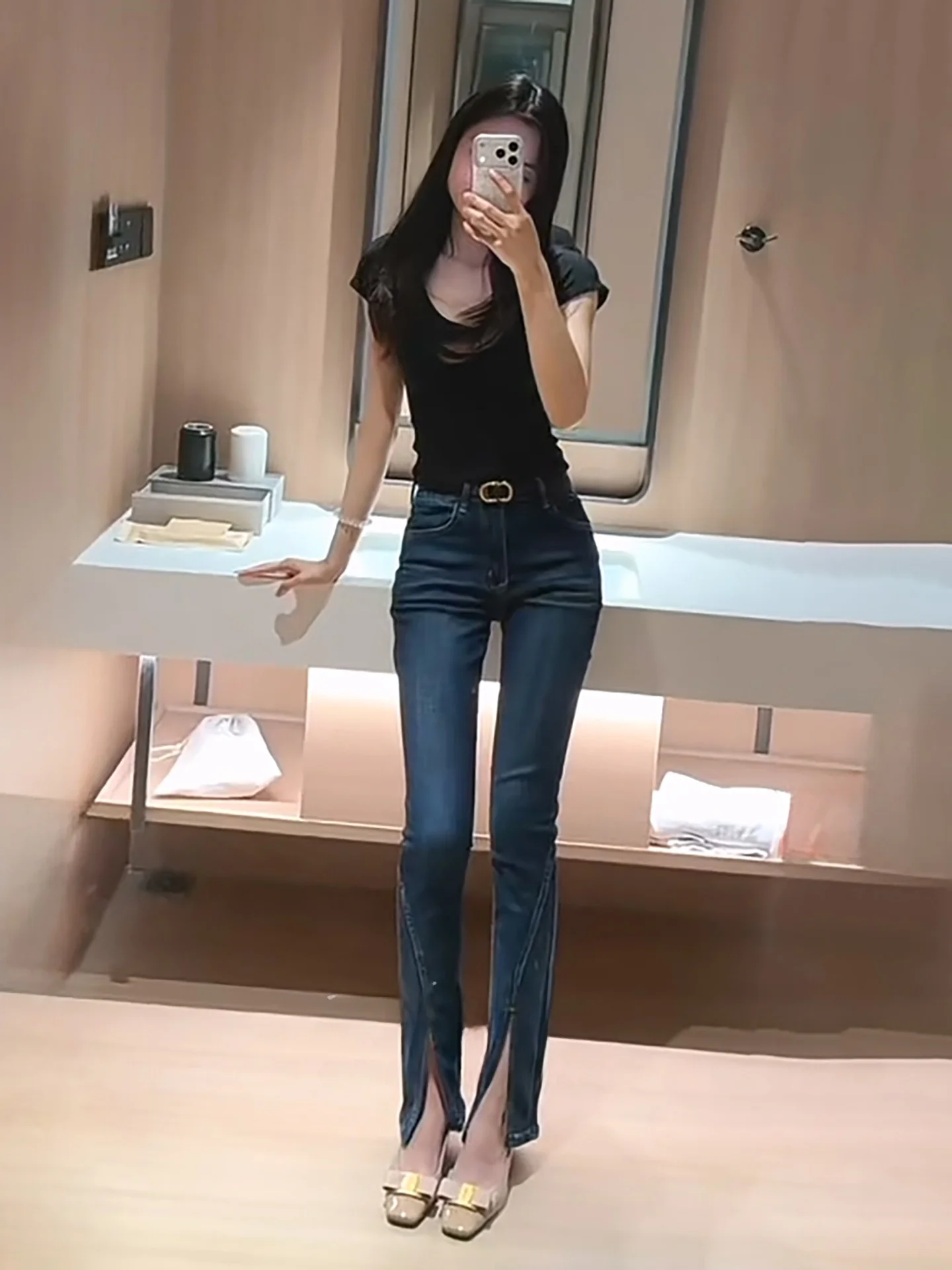 

Американские ретро-джинсы-клеш с разрезами, женские, с высокой талией, подтягивающие ягодицы, утягивающие, длинные брюки, повседневные, весенние, из хлопка, стрейч