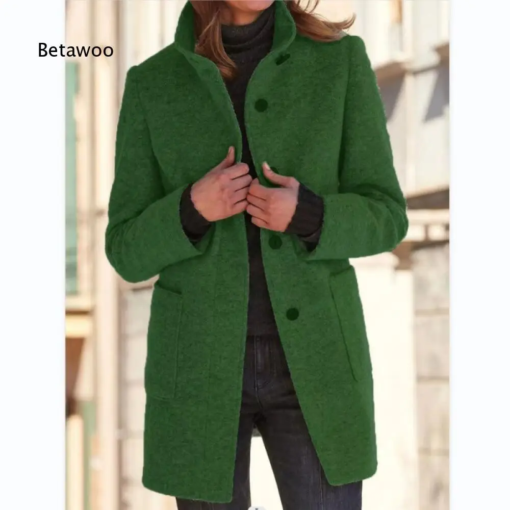 Relaxed Stand Collar Mid Length Coat For Women Button Front Long Sleeve Outer Jacket For Autumn And Daily Street Outfits
