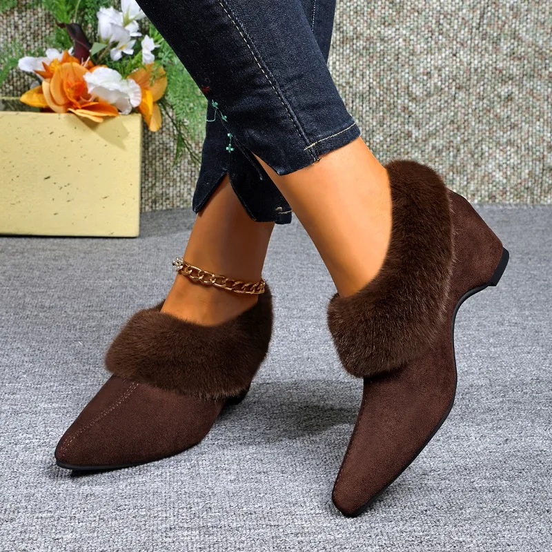 Inside Heightened Pointed Toe Fuzzy Shoes 2026 Autumn/Winter Warm Deep Mouth High Heels