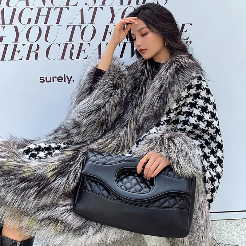 Women's Houndstooth Wool Poncho Real Silver Fox Shawl Real Fox Fur Cape Collar Cuff Warm Overcoat Winter Autumn S3547