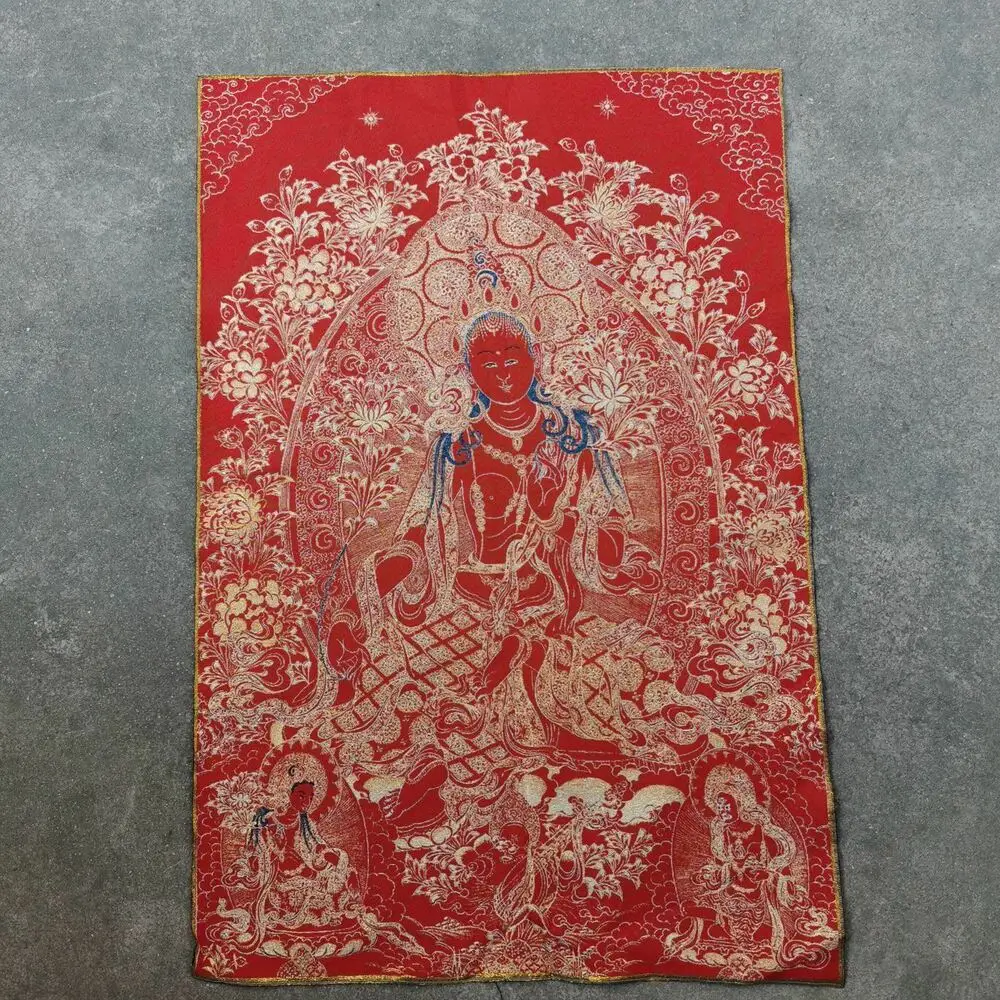 Tibet Tibetan Cloth Silk Red Tara Guanyin Kwan-yin Tangka Thangka Painting